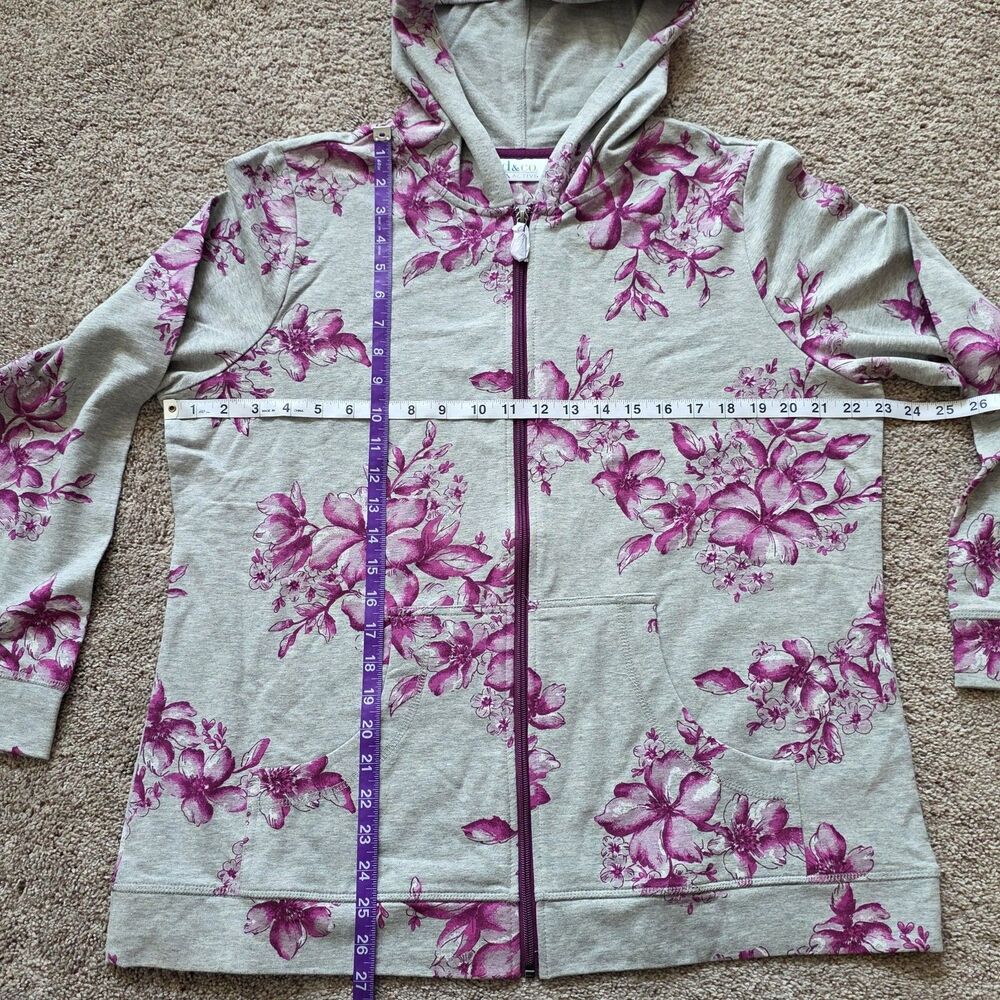 Denim & Co Active Floral Knit Zip-Front Hooded Jacket L Gray Purple QVC A300811